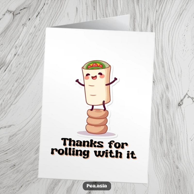 Funny Free Printable Spring Roll Thank You Card: A happy spring roll precariously balances on a stack, thankful. Downloadable digital art.