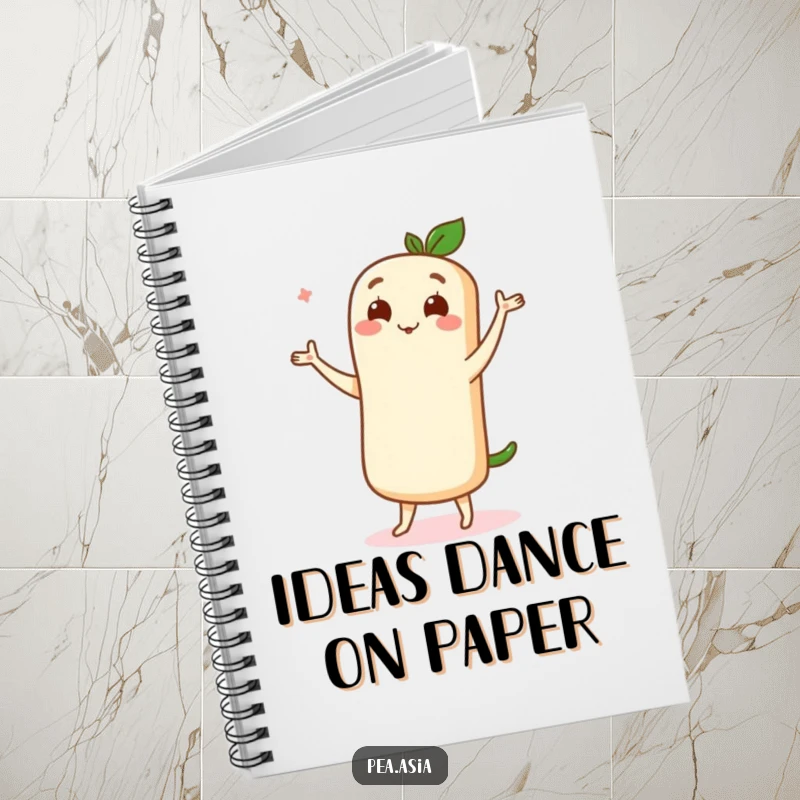 Funny notebook featuring a cute spring roll character performing a delightful dance move, perfect for journaling and ideas.