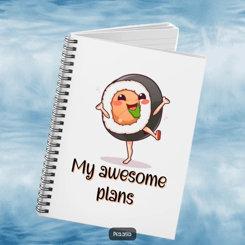 Funny sushi kick notebook cover featuring a smiling sushi roll character prepared for a high kick, inspiring action.