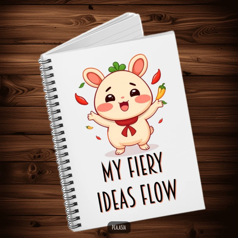 Funny notebook with a cheerful bao bun character juggling hot chili peppers, perfect for jotting down exciting thoughts.