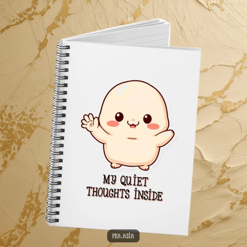 Funny notebook with a shy dumpling character, tiny arms waving, perfect for jotting down notes and ideas.