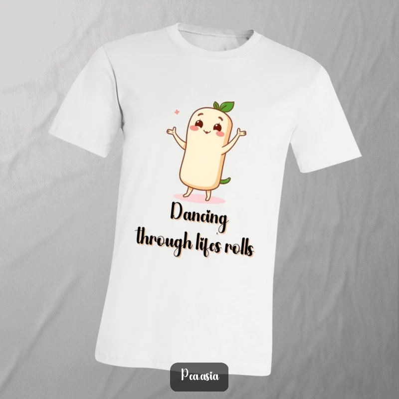 Funny t-shirt with a cute spring roll character in a graceful, delighted dance pose, celebrating movement and food.