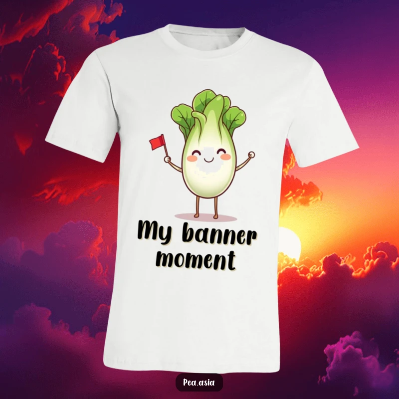 Funny Bok Choy T-Shirt: A smiling bok choy character with legs waving a small flag, celebrating health and humor in a wearable design.