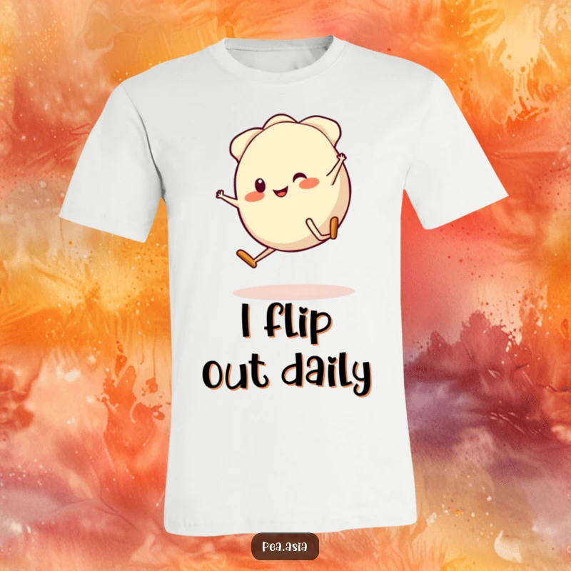 Funny Gyoza T-Shirt: A laughing gyoza character, complete with legs, is caught in a dynamic cartwheel motion, perfect for food lovers.