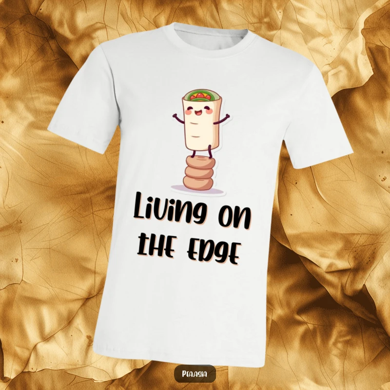 Funny Spring Roll T-Shirt: Features a happy spring roll with legs attempting to balance on a small stack, captured in a comical pose.