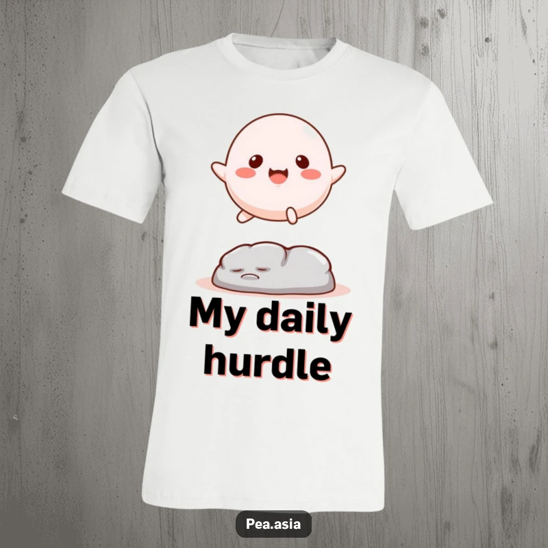 Funny Mochi T-Shirt: A happy mochi character with legs leaping over an obstacle, celebrating sweet treats and lighthearted fun.