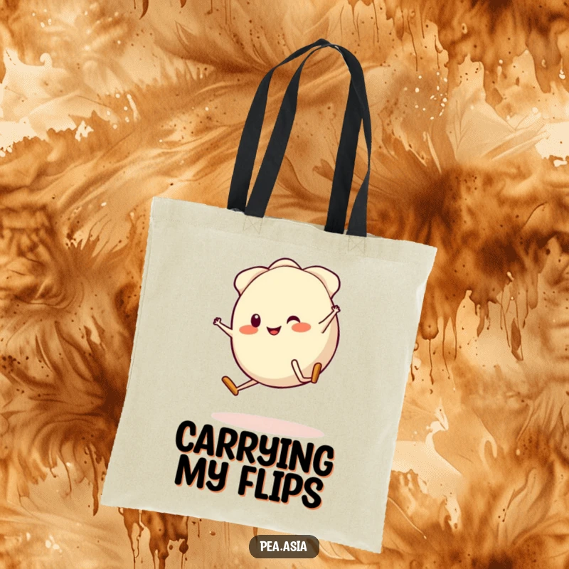 Funny Gyoza Tote Bag: A vibrant gyoza character with legs performs a lively cartwheel, making this a fun and practical accessory for shoppers.