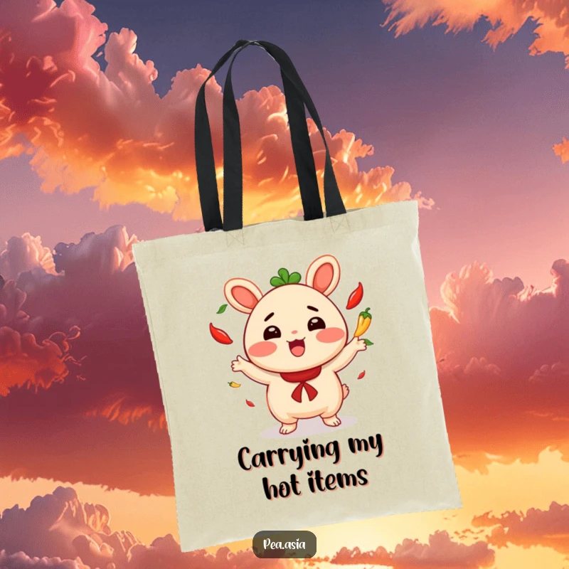 Funny tote bag featuring a cheerful bao bun juggling spicy chili peppers, ideal for carrying items with a smile.