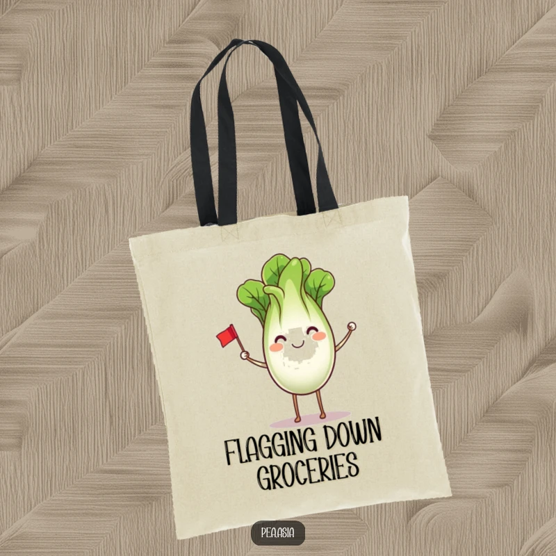 Funny Bok Choy Tote Bag: A smiling bok choy character with legs waving a tiny flag, perfect for carrying essentials with healthy humor.