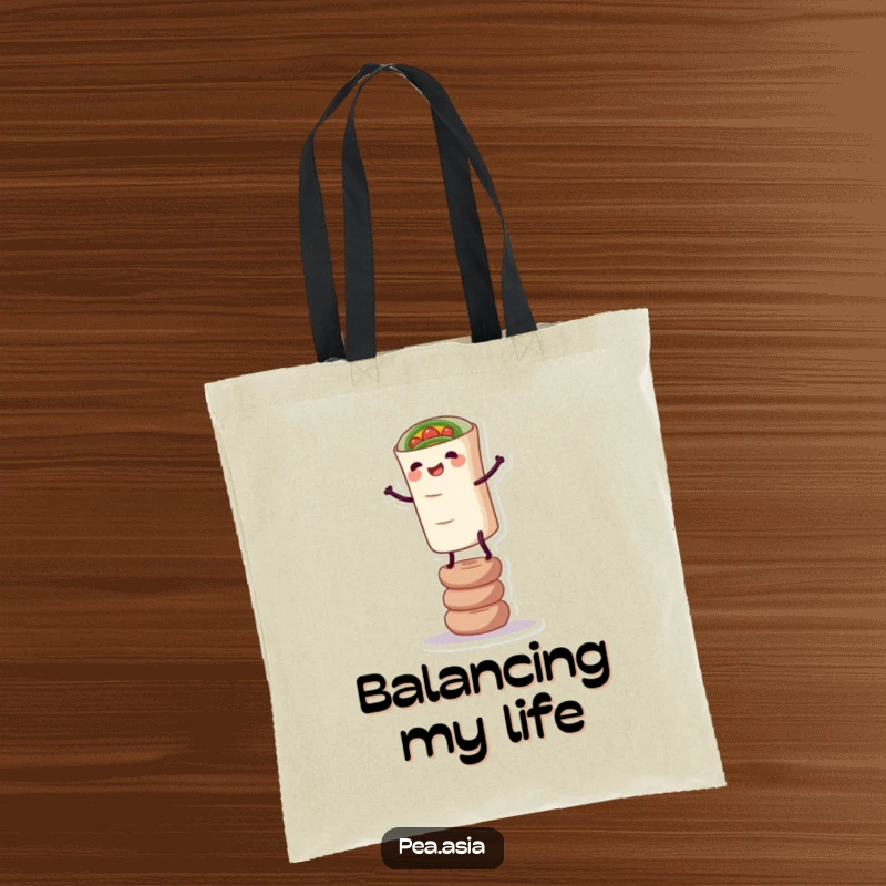 Funny Spring Roll Tote Bag: A happy spring roll character with legs precariously balancing, showcasing a fun and functional design.