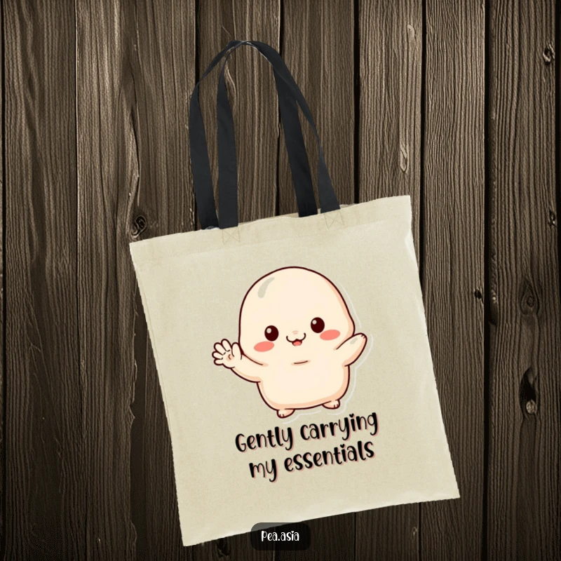 Funny tote bag featuring a shy dumpling character, small arms waving hello, perfect for carrying groceries and showing off cuteness.